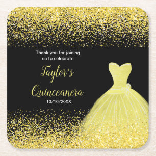 Quinceanera Bright Yellow Imitats Glitzer Rechteckiger Pappuntersetzer