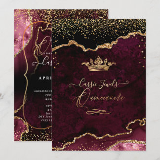 Quinceanera, Burgund Agate Imitats Gold Confetti Einladung