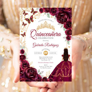 Quinceanera Burgund Gold Blumen Einladung
