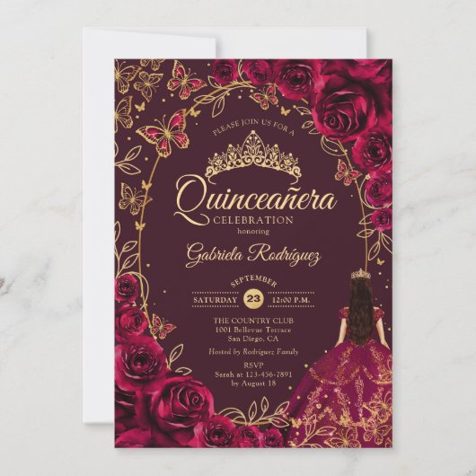 Quinceanera Burgund Gold Einladung (Vorderseite)