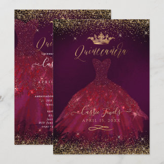 Quinceanera Burgund Gold Glitzer Prinzessin Crown Einladung
