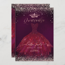 Quinceanera Burgund Rose Gold Confetti+Princess Einladung