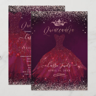 Quinceanera Burgund Rose Gold Confetti+Princess Einladung