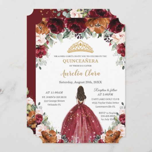 Quinceañera Burgund Rostbrust Blütenprinzessin in Einladung (Vorne/Hinten)