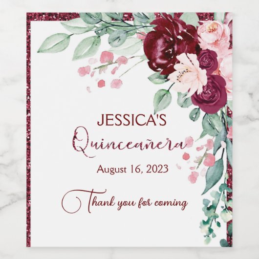 Quinceanera Burgund Roter Glitzer Blumenstrauß-Lab Weinetikett (Einzelnes Label)