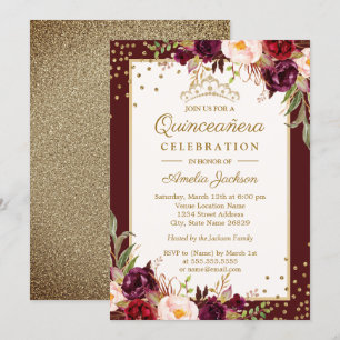 Quinceanera Burgund Weinrot Gold Blumen Funkeln Ei Einladung