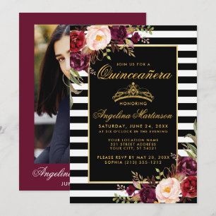 Quinceanera Burgunder Blumenkrone Streifen Foto Einladung