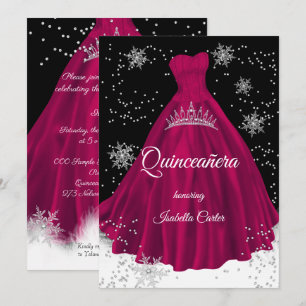 Quinceanera Burgunderrosa Schneeflocken Silbernes Einladung