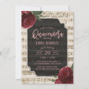 Quinceanera Burgunderrot Florale Musik Geburtstag Einladung