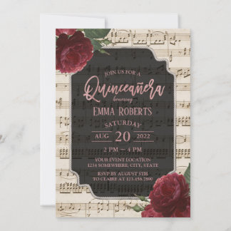 Quinceanera Burgunderrot Florale Musik Geburtstag Einladung