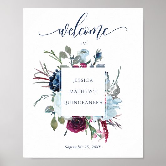 Quinceañera Burgundy, Berry & Blue Begrüßungszeich Poster (Vorne)