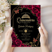 Quinceanera Burgundy Black Gold Floral Einladung