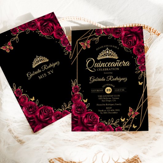Quinceanera Burgundy Black Gold Floral Einladung