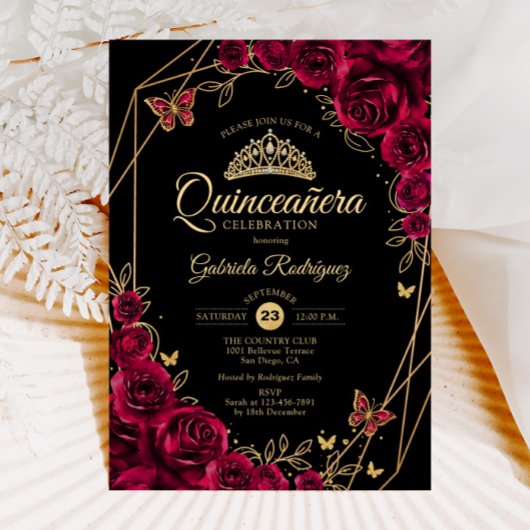 Quinceanera Burgundy Black Gold Floral Einladung