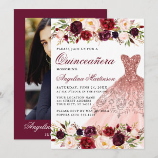 Quinceanera Burgundy Blumenkleid Foto Zurück Einladung