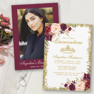 Quinceanera Burgundy Blumenkronen Foto Gold Einladung
