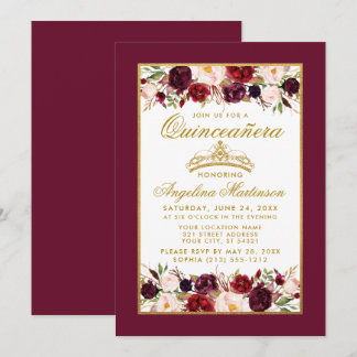 Quinceanera Burgundy Blumenkronen-Goldrahmen Einladung
