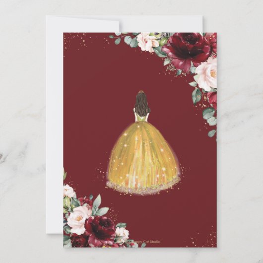 Quinceañera Burgundy Blush Bloral Gelbe Prinzessin Dankeskarte (Rückseite)
