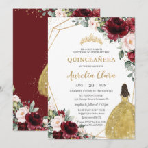 Quinceañera Burgundy Blush Bloral Gold Dress Crown