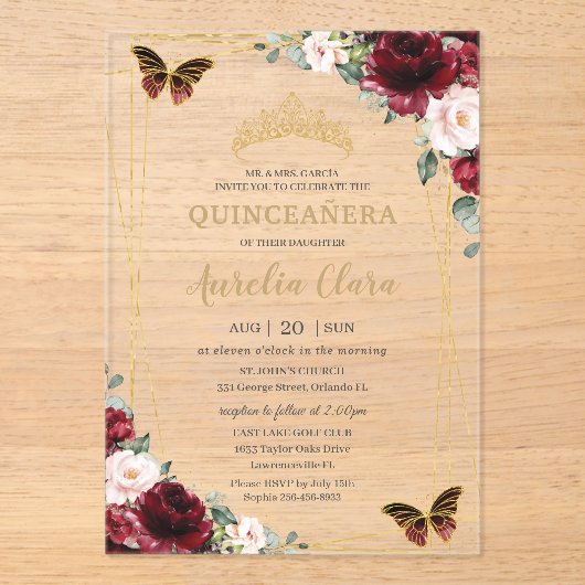 Quinceañera Burgundy Blush Bloral Princess Tiara Acryleinladungen (Vorderseite)