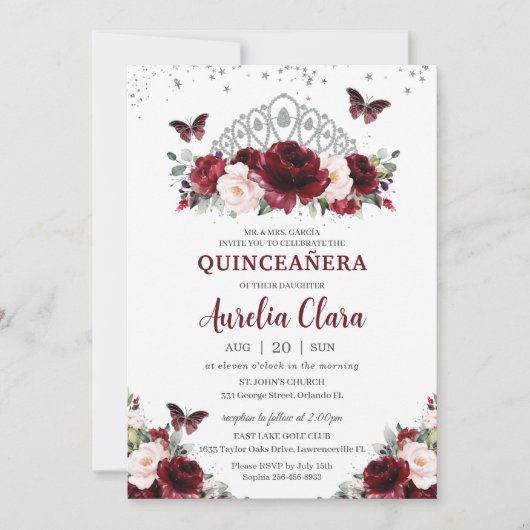 Quinceañera Burgundy Blush Bloral Silver Crown Einladung (Vorderseite)
