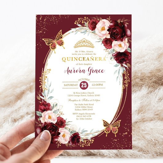 Quinceañera Burgundy Blush Blume Schmetterlinge Einladung