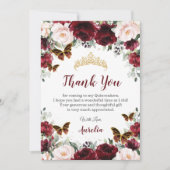 Quinceañera Burgundy Blush Floral Butterfliegen Dankeskarte (Vorderseite)