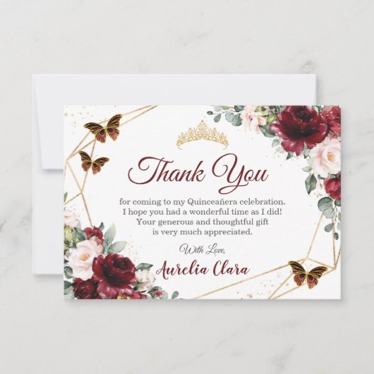 Quinceañera Burgundy Blush Floral Butterfliegen Dankeskarte (Vorderseite)