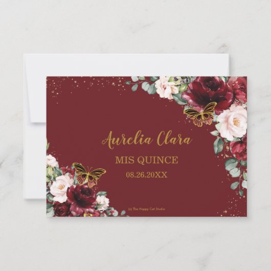 Quinceañera Burgundy Blush Floral Butterfliegen Dankeskarte (Rückseite)
