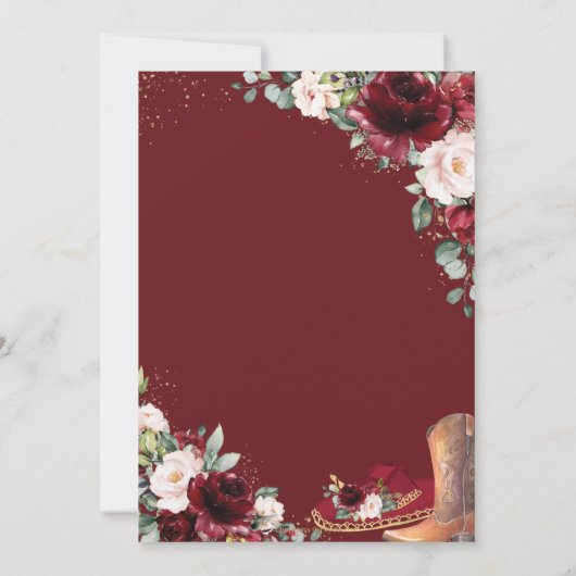 Quinceañera Burgundy Blush Floral Charro Hat Boot Einladung (Rückseite)