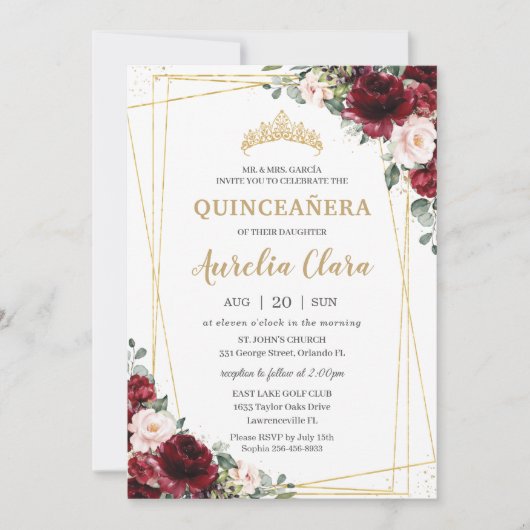 Quinceañera Burgundy Blush Floral Geometric Gold Einladung (Vorderseite)