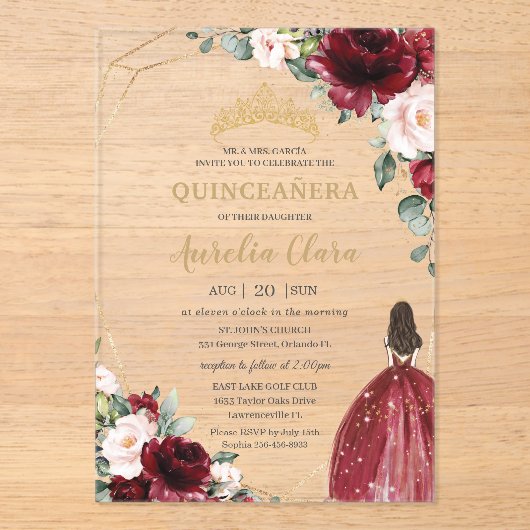 Quinceanera Burgundy Blush Floral Gold Princess Acryleinladungen (Vorderseite)