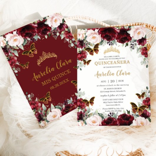 Quinceañera Burgundy Blush Floral Gold Schmetterli Einladung