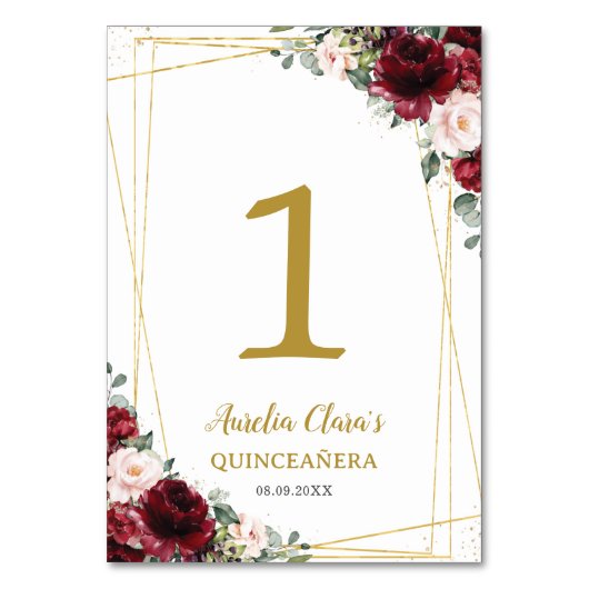 Quinceañera Burgundy Blush Floral Gold Schmetterli Tischnummer (Rückseite)