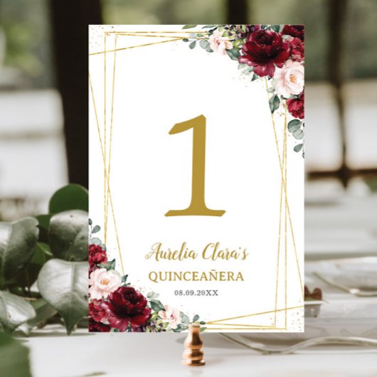 Quinceañera Burgundy Blush Floral Gold Schmetterli Tischnummer