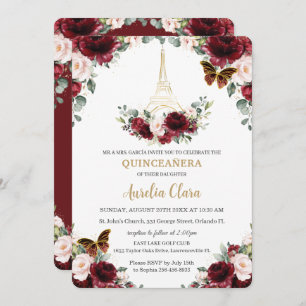 Quinceañera Burgundy Blush Floral Paris Butterfly Einladung