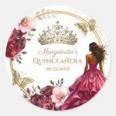 Quinceañera Burgundy Blush Gold Floral Princess Runder Aufkleber (Vorderseite)
