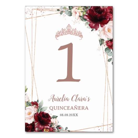 Quinceañera Burgundy Blush Rose Gold Tischnummer (Vorderseite)