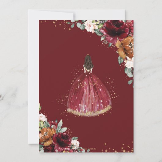 Quinceañera Burgundy Blush Rust BlumenPrinzessin Einladung (Rückseite)
