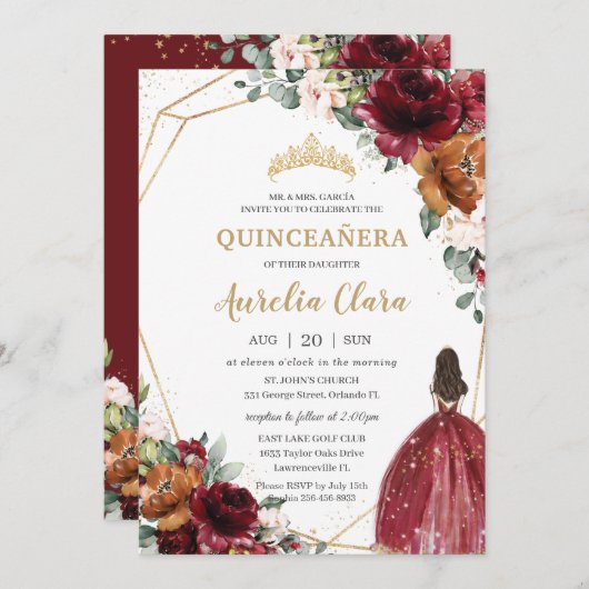 Quinceañera Burgundy Blush Rust BlumenPrinzessin Einladung (Vorne/Hinten)