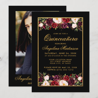 Quinceanera Burgundy Floral Black Gold Foto Einladung