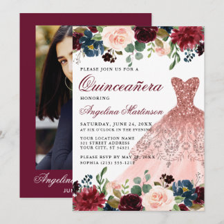 Quinceanera Burgundy Floral Foto Back Dress Einladung
