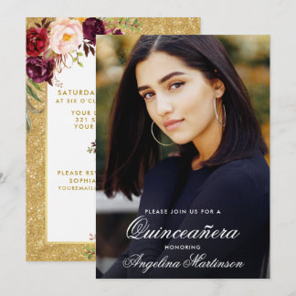 Quinceanera Burgundy Floral Foto Gold Glitzer Einladung