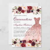 Quinceanera Burgundy Floral Glitzer Dress Foto Einladung (Vorderseite)