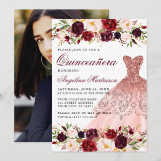Quinceanera Burgundy Floral Glitzer Dress Foto Einladung