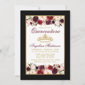 Quinceanera Burgundy Floral Gold Crown Black Einladung (Vorderseite)
