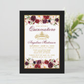 Quinceanera Burgundy Floral Gold Crown Black Einladung (Stehend Vorderseite)