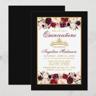 Quinceanera Burgundy Floral Gold Crown Black Einladung