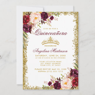 Quinceanera Burgundy Floral Gold Crown Einladung
