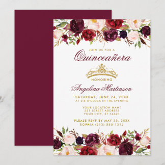 Quinceanera Burgundy Floral Gold Crown Einladung